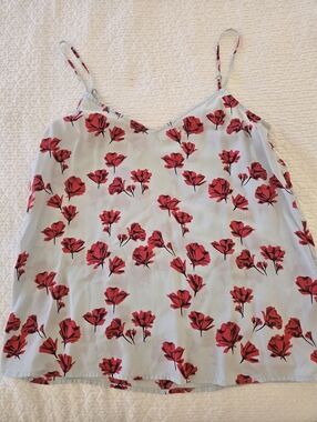100%  silk Light Blue Floral Cami with Red Flower Print.